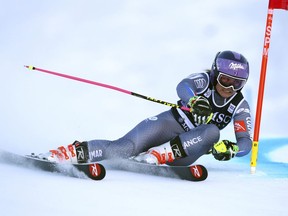 France's Tessa Worley speeds down the course during the first run of an alpine ski, women's World Cup giant slalom, in Lenzerheide, Switzerland, Saturday, Jan. 27, 2018.