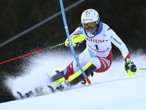 Switzerland's Wendy Holdener speeds down the course during the first run of an alpine ski, women's World Cup slalom, in Lenzerheide, Switzerland, Sunday, Jan. 28, 2018.