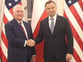 Rex Tillerson, U.S. Secretary of State, meets with Polish President Andrzej Duda, during a visit to Warsaw, Poland, Friday Jan. 26, 2018. Tillerson's two-day visit to Poland was to include discussions of security and other issues and a visit to a memorial site to martyrs of the Warsaw ghetto uprising on International Holocaust Remembrance Day on Saturday.