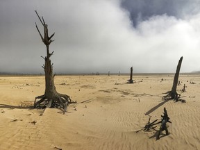 FILE - In this Sunday, April 16, 2017 file photo, the Theewaterskloof Dam, a key source of water supply to Cape Town, South Africa, is shown at low levels. The city announced new water restrictions Thursday, Jan 18, 2018 to combat the drought, saying it was looking more likely that it will have to turn off most taps on "Day Zero," or April 21. Mayor Patricia de Lille said 60 percent of residents are "callously" using more than the current limit and that the city will fine households that use too much water.