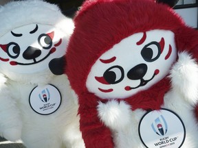 A pair of official mascots of Rugby World Cup 2019 "Ren-G", (Ren, left, and G, right) are introduced officially in Tokyo Friday, Jan. 26, 2018. Rugby World Cup 2019 will take place in twelve venues in Japan from Sept. 20 until Nov. 2, 2019.