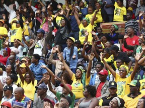 Ruling African National Congress (ANC) party supporters attend the party's 106th birthday celebrations in East London, South Africa, Saturday, Jan. 13, 2018. Newly elected ANC President Cyril Ramaphosa is to address supporters for the first time since being elected last month. (AP Photo)