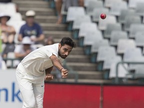 India's bowler Bhuvneshwar Kumar in action on the fourth day of the first test between South Africa and India at Newlands Stadium, in Cape Town, South Africa, Monday, Jan. 8, 2018.