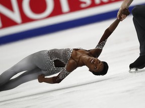 Vanessa James and Morgan Cipres of France perform during pairs free skating at the European figure skating championships in Moscow, Russia, Thursday, Jan. 18, 2018.