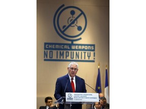U.S. Secretary of State Rex Tillerson delivers a speech during a foreign ministers' meeting on the International Partnership against Impunity for the Use of Chemical Weapons, in Paris, Tuesday, Jan. 23, 2018. The United States and 28 other countries are launching a new plan to better identify and punish anyone who uses chemical weapons, amid new reports of a suspected chemical attack in Syria.