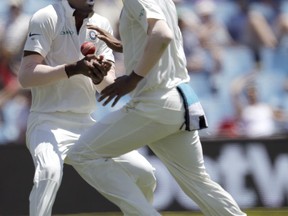 India's fielder Hardik Pandya, left, drops a catch during the second day of the second cricket test match between South Africa and India at Centurion Park in Pretoria, South Africa, Sunday, Jan. 14, 2018.