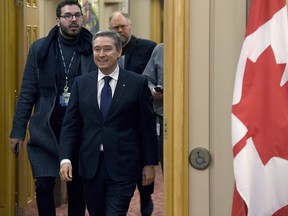 Minister of International Trade Francois-Philippe Champagne arrives to appear before the Senate Committee on Foreign Affairs and International Trade to discuss foreign relations and international trade, within the context of ongoing trade negotiations, including the Trans-Pacific Partnership, on Parliament Hill in Ottawa on Wednesday, Feb. 7, 2018.