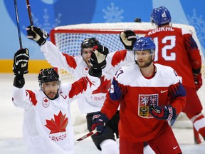 Canadian captain Chris Kelly celebrates one of his goals against the Czech Republic in the bronze-medal game at the Pyeongchang Olympics on Feb. 24.