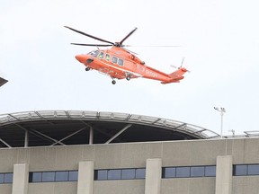 A Ornge air ambulance departs Ramsey Lake Health Centre in Sudbury, Ont. on Monday October 30, 2017.