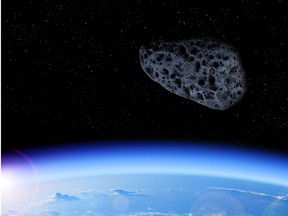 An illustration of an asteroid approaching Earth from space.