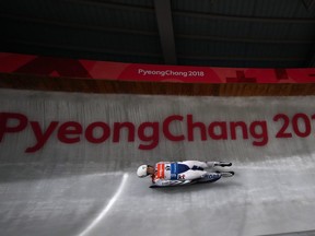 A luge athlete from the Korean Develpoment Squad in action during previews ahead of the Pyeongchang 2018 Winter Olympic Games.