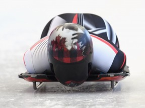 Elisabeth Vathje practices during Skeleton training at the Olympic Sliding Centre