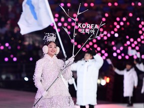 The North Korea and South Korea Olympic teams enter together under the Korean Unification Flag during the Parade of Athletes at the Opening Ceremony of the PyeongChang 2018 Winter Olympic Games.