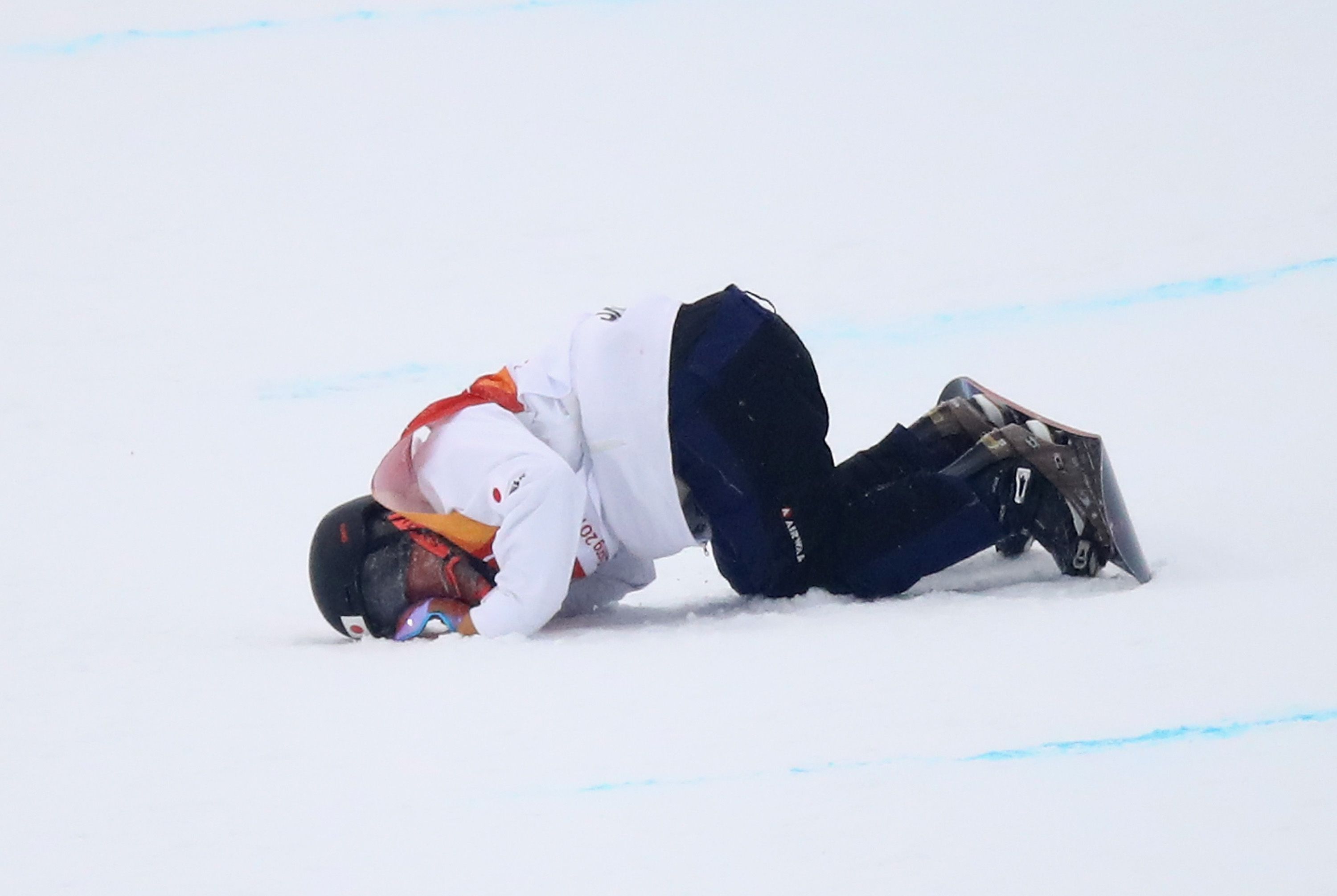 Yuto Totsuka of Japan crashes during the Snowboard Men&rsquo;s Halfpipe Final on day five of the PyeongChang 2018 Winter Olympics at Phoenix Snow Park.