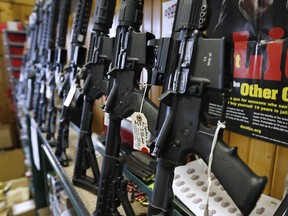 Semi-automatic AR-15's are for sale at Good Guys Guns & Range on February 15, 2018 in Orem, Utah.