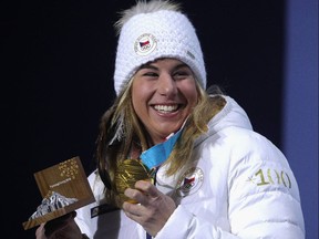 Gold medallist Ester Ledecka of the Czech Republic during the medal ceremony for women's snowboard parallel giant slalom on Feb. 24, 2018 in Pyeongchang.