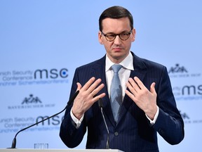 Polish Prime Minister Mateusz Morawiecki gives a speech during the Munich Security Conference on February 17, 2018 in Munich, southern Germany.