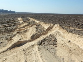 Handout photo released by the Peruvian Ministry of Culture showing the damage inflicted by a truck that illegally entered over a sector of the ancient geoglyphs of the Nazca Lines, a World Heritage Site, in southern Peru, on January 27, 2018.