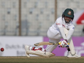 Bangladesh's Mominul Haque plays a shot during the first day of their first test cricket match against Sri Lanka in Chittagong, Bangladesh, Wednesday, Jan. 31, 2018.