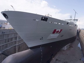 The naval support vessel MV Asterix is unveiled at the Davie shipyard in Levis, Que., on July 20, 2017.