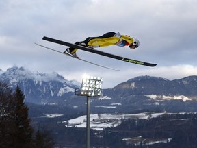 Canada's Mackenzie Boyd-Clowes soars through the air in Bischofshofen, Austria, at a 2016 competition.