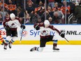 J.T. Compher of the Colorado Avalanche celebrates his game-winning goal in overtime against the Edmonton Oilers Thursday night at Rogers Place. The Avs were 4-3 winners.