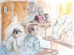 In this artist's sketch, Mark Smich, left to right, and Dellen Millard and Justice Andrew Goodman listen as the jury delivers their verdict in Hamilton, Ont.