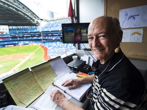 Toronto Blue Jays broadcaster Jerry Howarth overlooks the field from his broadcast booth before the Toronto Blue Jays play against the Chicago White Sox on Saturday, June 17, 2017.