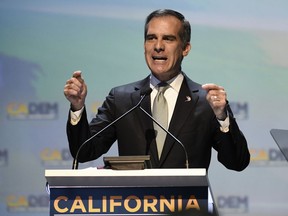 Los Angeles Mayor Eric Garcetti speaks at the 2018 California Democrats State Convention Saturday, Feb. 24, 2018, in San Diego.