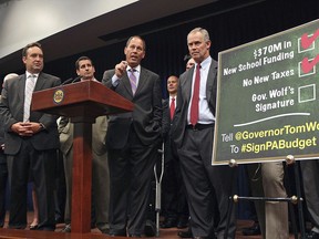 FILE - In this June 30, 2015, file photo, front from left to right, Pennsylvania state Sen. Jake Corman, R-Centre, state House Majority Leader Dave Reed, R-Indiana, state Senate President Pro Tempore Joseph Scarnati, R-Jefferson, and state Speaker of the House Mike Turzai, R-Allegheny, lead a news conference after Republican leaders engineered passage of state budget, liquor privatization and pension bills, at the state Capitol in Harrisburg, Pa. It's deadline day in Pennsylvania's gerrymandering case for Democratic Gov. Tom Wolf and others to submit maps of new congressional district boundaries that they want the state's Supreme Court to adopt. The midnight deadline Thursday, Feb. 15, 2018, gives justices four more days to impose new boundaries, just three months before Pennsylvania's primary elections.