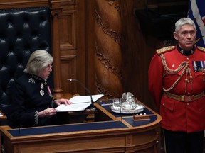 Lt.-Gov. Judith Guichon delivers the speech from the throne from the Legislative Assembly at Legislature in Victoria, B.C., on Tuesday, February 13, 2018.