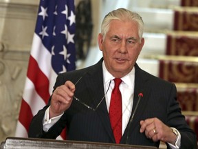 Secretary of State Rex Tillerson, speaks during a press conference with Egyptian Foreign Minister, Sameh Shoukry after their meeting, at Tahrir Palace, in Cairo, Egypt, Monday, Feb. 12, 2018.