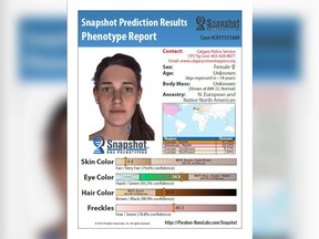 The Calgary Police Service has used DNA phenotyping to create an image, shown here, that has a likeness to the mother of a baby that was found deceased in a dumpster on Sunday, Dec. 24, 2017.