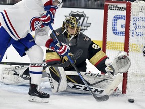 Montreal Canadiens' Paul Byron shoots against Golden Knights netminder Marc-Andre Fleury during the third period of their game Saturday night in Las Vegas.