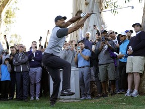 Tiger Woods, with the gallery looking on, twists as he watches his approach shot from the rough on the 12th hole during the first round of the Genesis Open golf tournament at Riviera Country Club Thursday, Feb. 15, 2018, in the Pacific Palisades area of Los Angeles.