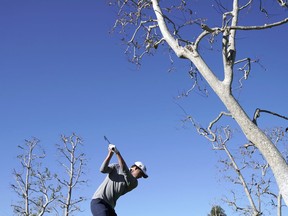 Patrick Cantlay hits his tee shot on the 16th hole during the second round of the Genesis Open golf tournament at Riviera Country Club Friday, Feb. 16, 2018, in the Pacific Palisades area of Los Angeles.