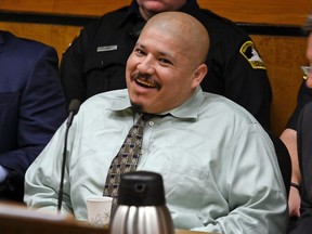 FILE - This Tuesday, Jan. 16, 2018 file photo shows Luis Bracamontes acting out in court during day one of his trial in Sacramento, Calif., Superior Court. Luis Bracamontes, a  man in the United States illegally was convicted Friday, Feb. 9, 2018 of killing two Northern California deputies in a case that helped fuel the national immigration debate. Prosecutors are seeking the death penalty for Bracamontes, who has repeatedly blurted out in court that he killed the deputies and wished he had killed more.