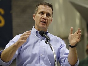 FILE - In this Jan. 29, 2018, file photo, Missouri Gov. Eric Greitens speaks in Palmyra, Mo. A St. Louis grand jury has indicted Greitens on a felony invasion of privacy charge related to the Republican's affair with a woman in 2015. St. Louis Circuit Attorney Kim Gardner announced the indictment Thursday, Feb. 22, 2018. She launched an investigation in January after Greitens admitted to an affair with his St. Louis hairdresser that began in March 2015. He was elected governor in November 2016.