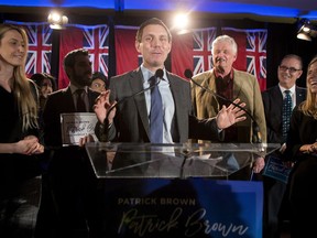 Ontario Conservative leadership candidate Patrick Brown takes to the stage to address supporters and the media in Toronto on Sunday February 18, 2018. The former party leader resigned his position after sexual misconduct allegations, only to re-enter race for his vacated position after refuting the allegations.