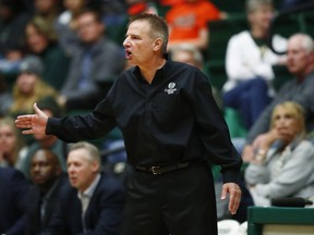 FILE - In this Dec. 28, 2016, file photo, Colorado State head coach Larry Eustachy directs his team against UNLV in the second half of an NCAA college basketball game in Fort Collins, Colo. On Saturday, Feb. 3, 2018, school officials announced that Eustachy has been placed on administrative leave as the climate of the men's basketball program is assessed.