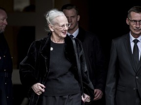 Denmark's Queen Margrethe leaves Christiansborg Palace Church, in Copenhagen, on Saturday Feb. 17, 2018, where Price Henrik is lying in Castrum Doloris in Christiansborg Palace Church until a private funeral on Tuesday Feb. 20.