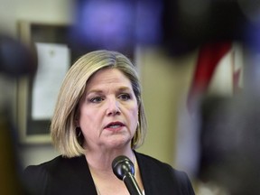 The leader of Ontario's New Democrats announced a pre-election swing through the province Friday in an effort to divert attention away from the Progressive Conservatives, who have dominated headlines with a fierce leadership race she likened to a train wreck. Ontario NDP Leader Andrea Horwath speaks at a news conference at Legislative Assembly of Ontario, in Toronto on Thursday, January 25, 2018.
