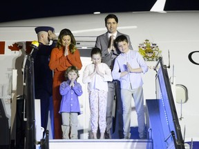 Prime Minister Justin Trudeau's state visit to India is officially underway as he arrived with his family in New Delhi at sundown Saturday. Prime Minister Justin Trudeau, wife Sophie Gregoire Trudeau, and children, Xavier, 10, Ella-Grace, 9, and Hadrien, 3, arrive in New Delhi, India, on Saturday, Feb. 17, 2018.