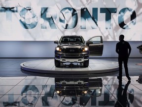 A Ford Ranger is displayed at the Canadian International Auto Show in Toronto on Thursday, February 15, 2018. Scotiabank says that slower job creation and weaker gains in household wealth will likely reduce Canadian sales of cars and light trucks this year.