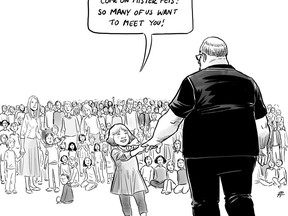 Vancouver artist Pia Guerra's cartoon "Hero's Welcome" shows Florida shooting victim Aaron Feis in this undated handout image. A Vancouver illustrator says she's overwhelmed by the social media response to her cartoon depicting the victim of the recent school shooting in Florida. Pia Guerra's "Hero's Welcome" shows a young girl leading football coach Aaron Feis by the hand to meet a crowd of other people killed in school shootings.