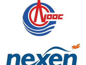 The logos of CNOOC Ltd. (China National Offshore Oil Company) and of Nexen are shown in company handout images. The Alberta Securities Commission is banning the former CEO of the Canadian arm of Chinese oil giant CNOOC Ltd. from acting as a director or officer in the province after he settled insider trading claims against him in the United States.