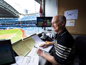 Toronto Blue Jays broadcaster Jerry Howarth overlooks the field from his broadcast booth before a game against the Chicago White Sox on June 17, 2017.