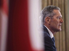 Manitoba Premier Brian Pallister speaks at a press conference during the Council of Federation meetings in Edmonton Alta, on Tuesday July 18, 2017.