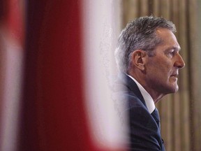 Manitoba Premier Brian Pallister speaks at a press conference during the Council of Federation meetings in Edmonton Alta, on July 18, 2017. The Manitoba government has announced a new harassment policy in the wake of allegations that a former cabinet minister tickled and groped female staffers.