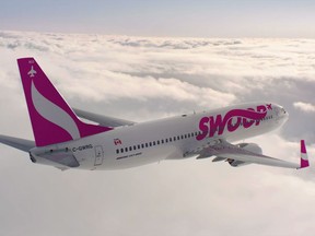 A Swoop airplane is seen in this undated handout photo. WestJet Airlines Ltd. says Swoop, its new ultra-low-cost carrier, will launch on June 20. The airline will begin with six weekly flights between Abbotsford, B.C., and Hamilton and six weekly flights between Hamilton and Halifax.
